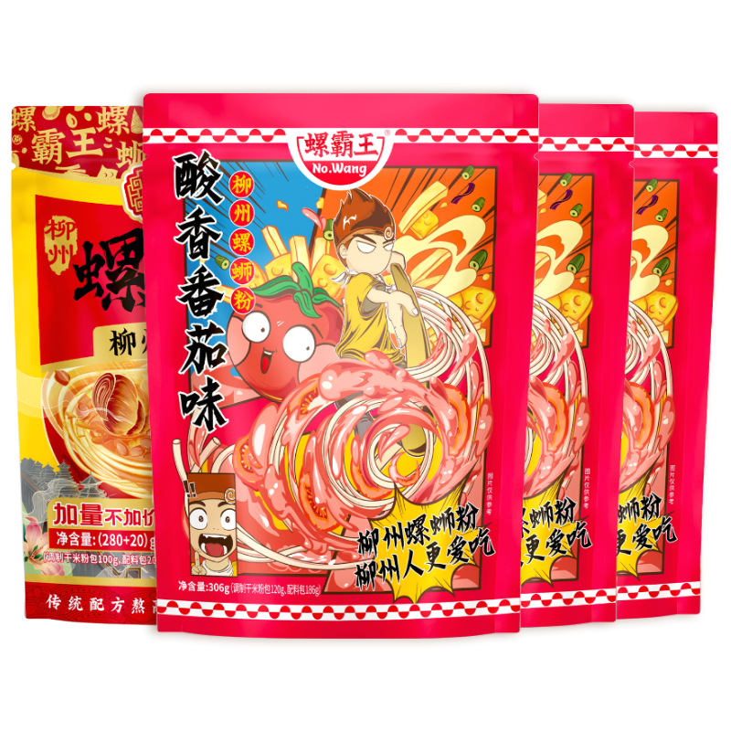螺霸王螺螄粉原味螺螄粉柳州螺螄粉正宗螺絲粉酸辣粉速食300g 番茄味306g×3+300g香螺濃湯×1