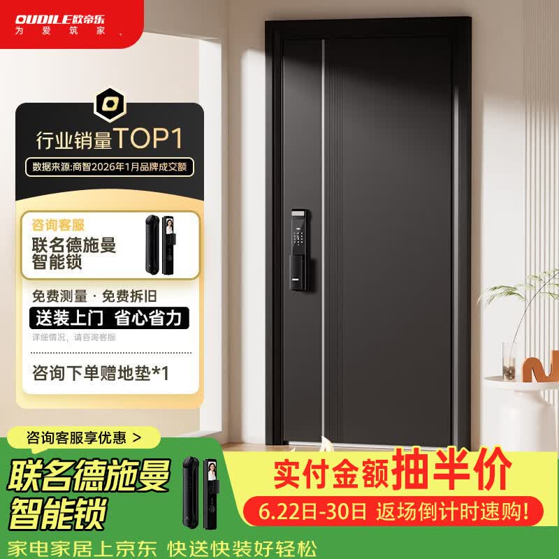 欧帝乐（OUDILE）简约加厚4级防盗门入户门暗铰链家用智能锁别墅大门子母门单开门