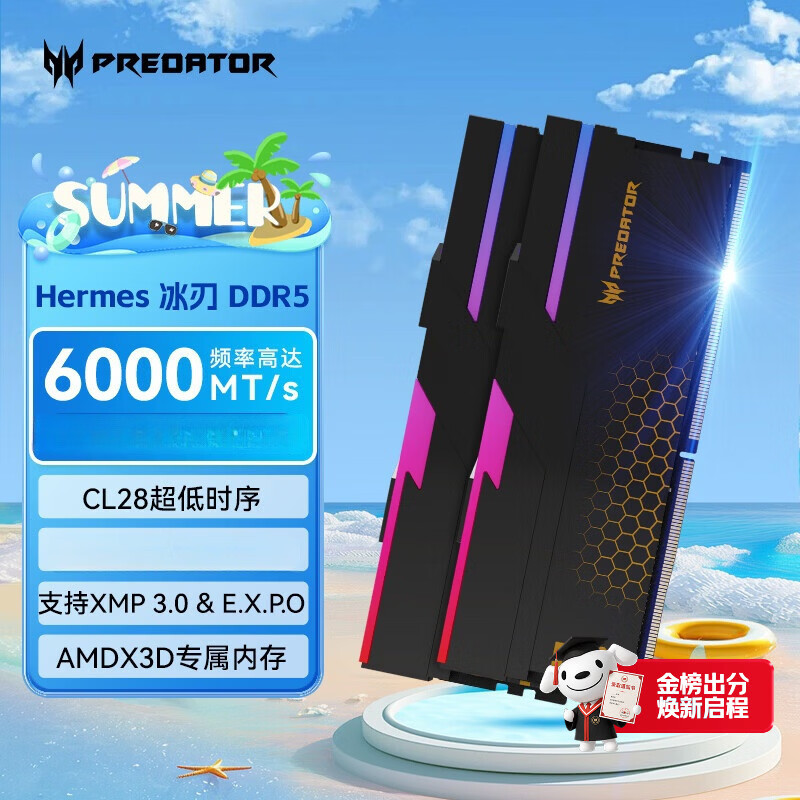 宏碁掠夺者（PREDATOR）DDR5 台式机内存条 Hermes冰刃系列 RGB灯条 台式机电脑配件 6000频率 C28冰刃黑 32GB 1套 16*2