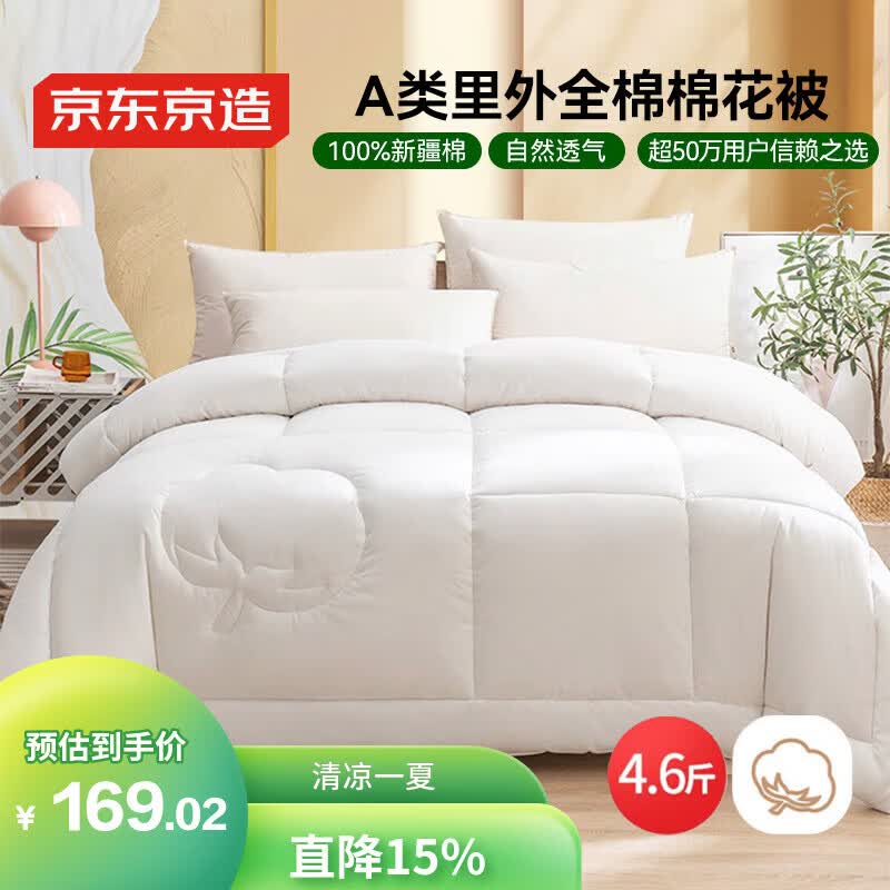 京东京造【里外全棉】100%新疆棉花被子四季通用纯棉被芯 春秋被2x2.3m