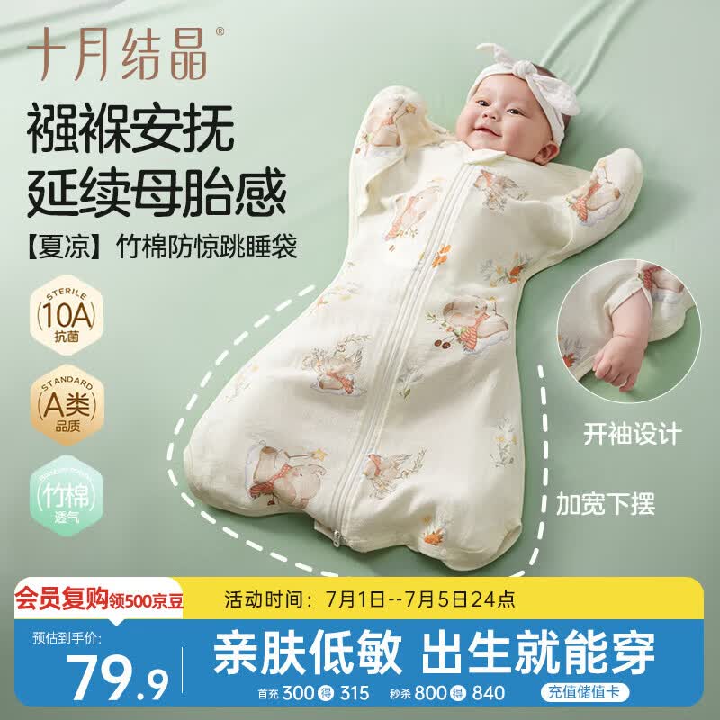 十月结晶婴儿防惊跳睡袋投降式宝宝襁褓巾包单双层竹棉春夏透气 樱桃小象S