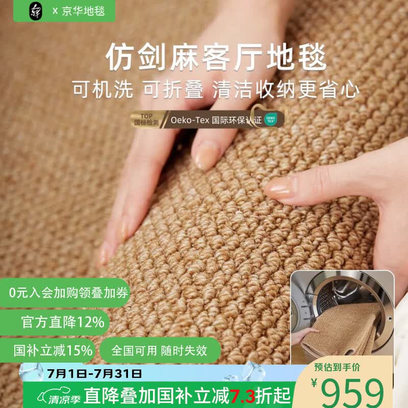 京华可机洗仿剑麻地毯客厅2026新款轻奢高级感极简风卧室家用可擦垫子 琥珀棕 200*300CM(人气尺寸推荐)
