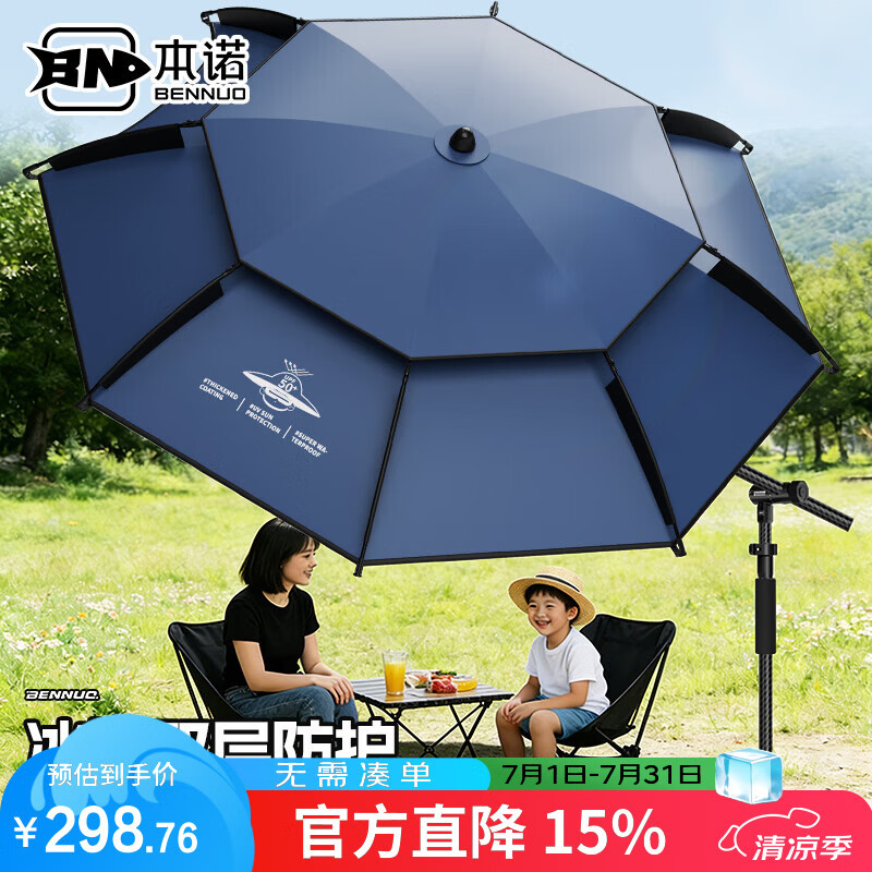 本诺双层防护新款钓鱼伞户外超轻械臂拐杖暴雨防晒钓伞 2.6米 雾蓝【双层伞布】【整杆碳素M40+40T】 2026全新升级双层伞布 强遮光11层涂胶