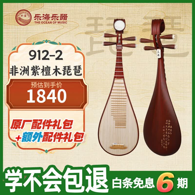 乐海（THE OCEAN OF MUSIC）原木色木轴木相花开富贵头饰初学练习演奏 非洲紫檀木琵琶912-2