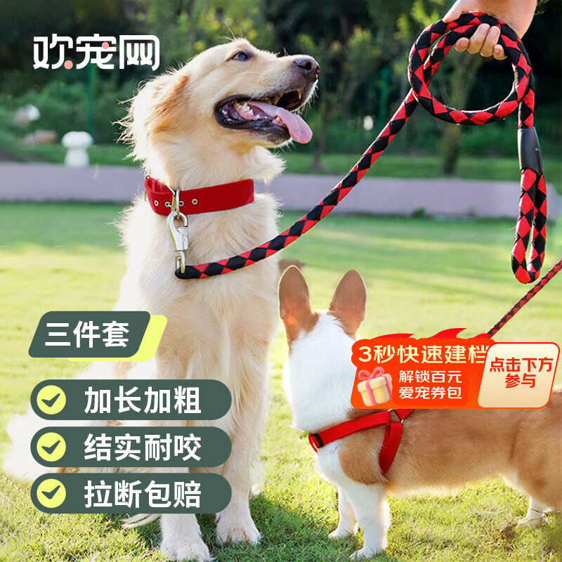 欢宠网狗绳3件套狗狗牵引绳项圈链子胸背带遛狗绳子幼小中型犬宠物用品