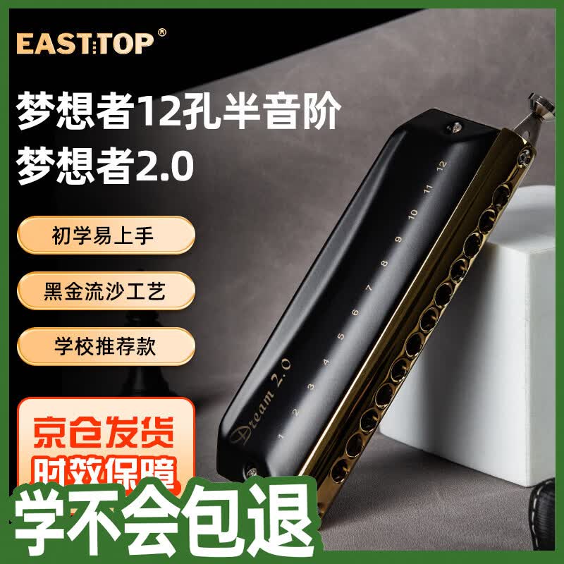 东方鼎（EAST TOP）半音阶口琴12孔48音黑色款 梦想者2.0 专业演奏初学练习通用款
