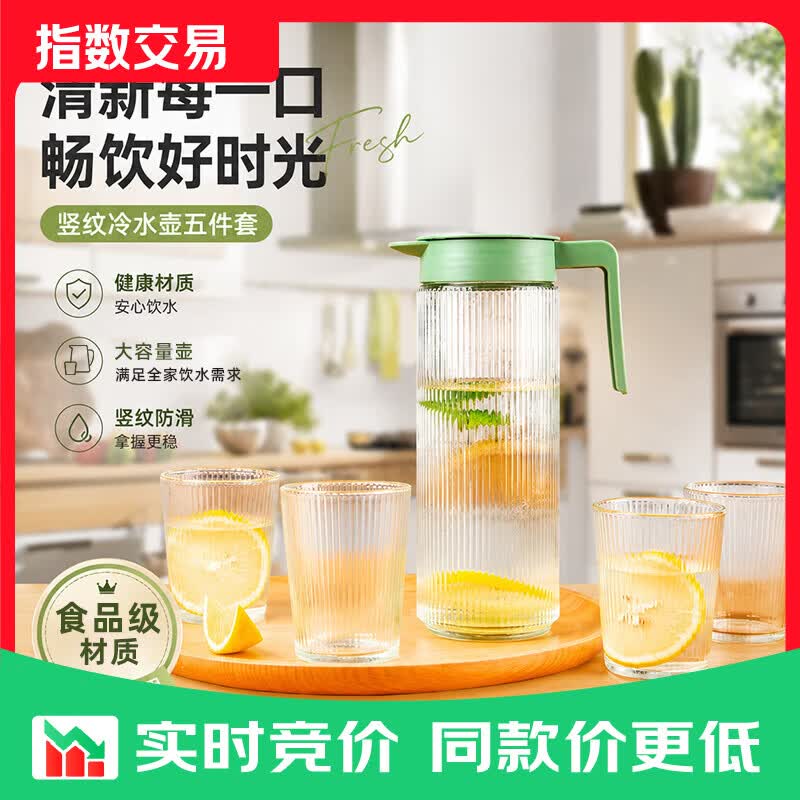 凉水壶玻璃杯套装耐热防爆冷水壶玻璃耐高温轻奢家用凉水壶套装 竖纹凉水壶【一壶四杯】