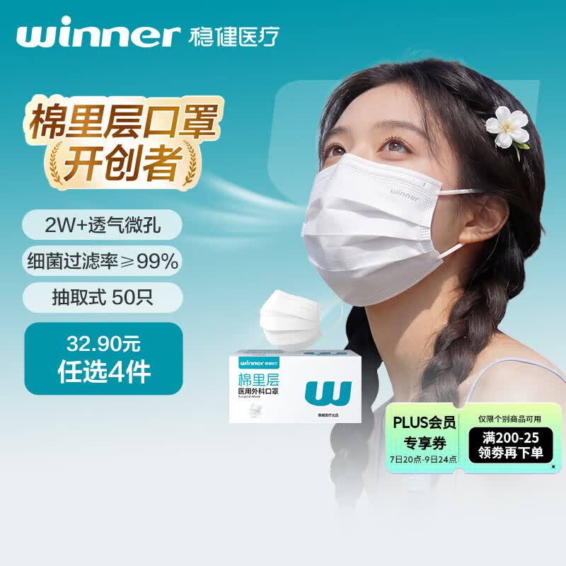稳健一次性医用外科口罩夏季透气亲肤 白色50只/盒三层防过敏鼻炎防尘