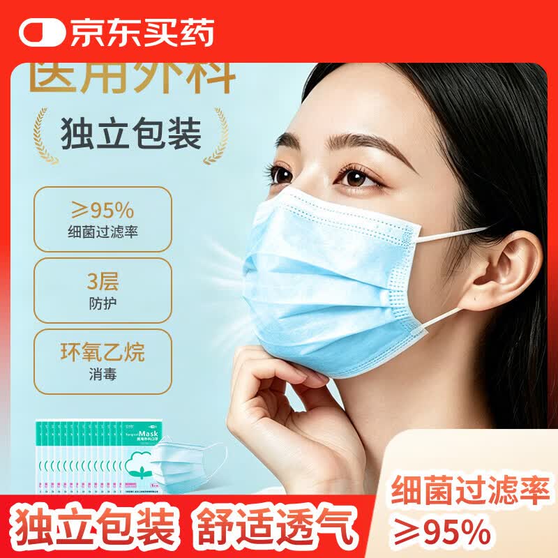江赫一次性口罩医用外科挂耳式换季防细菌防甲流三层防护独立包装口罩 独立包装【1只/袋 共100只】