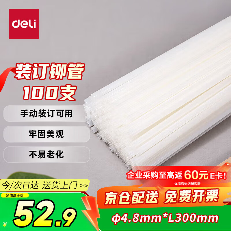得力（deli）GB100 财务装订机专用透明装订铆管 适用手动机型 Φ4.8mm*300mm 100支/盒装