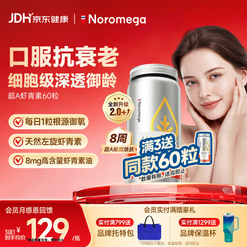 NOROMEGA超A虾青素精华胶囊 8mg口服雨生红球藻美白透亮VC美容自由基60粒