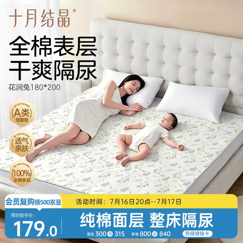 十月结晶隔尿垫防水可洗床上整床大尺寸护理垫尿垫姨妈垫 花涧兔1.8x2米