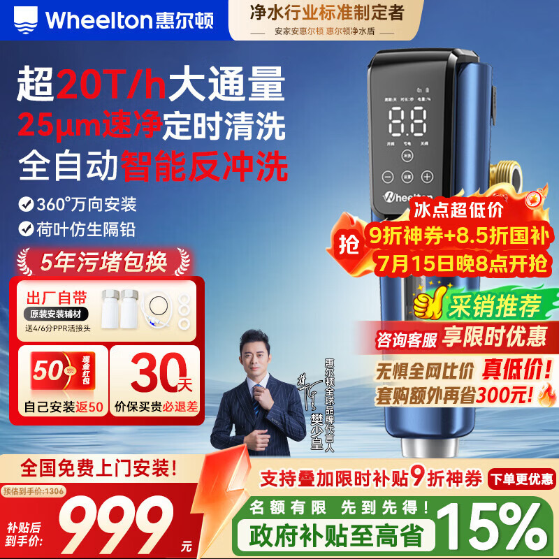 惠尔顿（WHEELTON）万向前置过滤器全自动清洗反冲洗防爆20T大流量电动刮洗全屋家用净水器自来水入户滤水器P0063PLUS