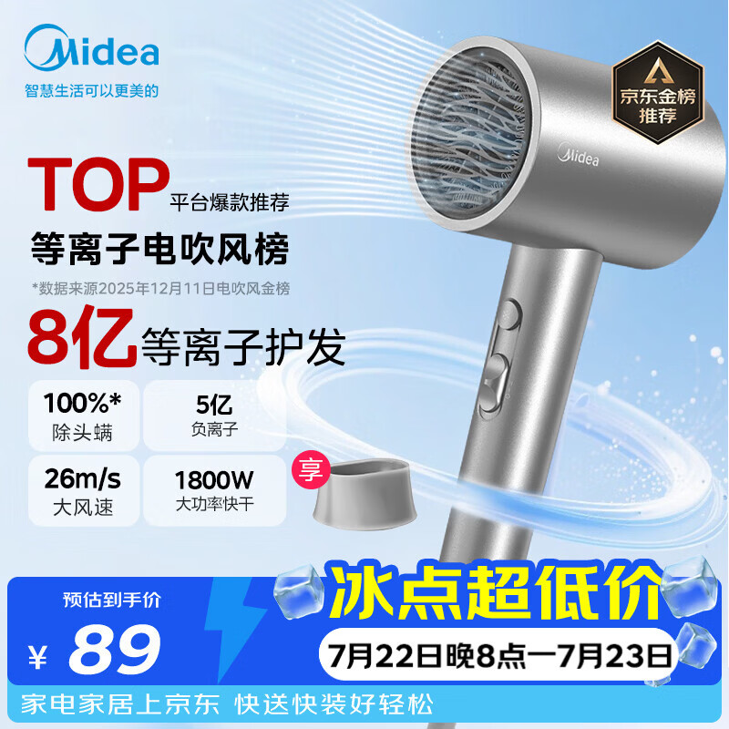 美的（Midea）8亿等离子护发电吹风 家用负离子护发吹风筒 1800W大功率快干吹风机FJ308银 节日礼物