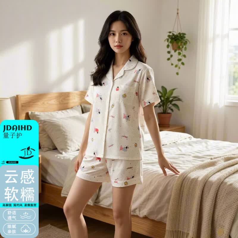 JDAIHD睡衣女夏季短袖卡通印花翻领开衫休闲可外穿家居服套装 2644 2XL 140-160斤