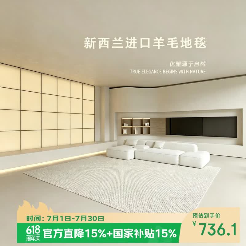 兴连心新西兰进口纯羊毛地毯客厅纯色羊绒素色整铺白色卧室轻奢2026新款 新西兰进口高脂羊毛-莎奴A 200×300CM
