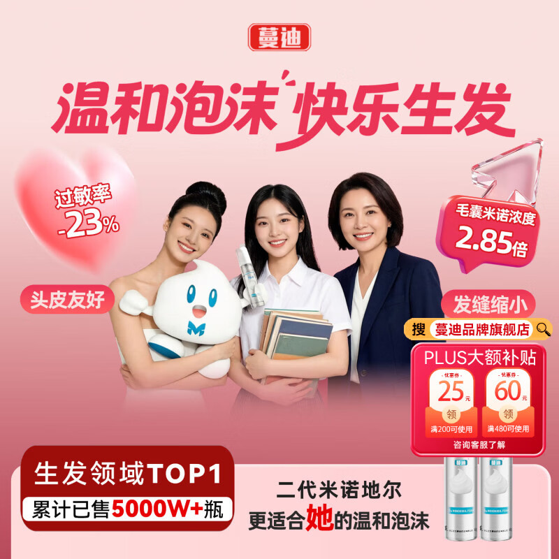 蔓迪【二代米诺地尔】蔓迪5%生发泡沫60g*2（敏皮专属 温和不油腻）男女士快速防脱育发米洛原液搽剂酊曼迪