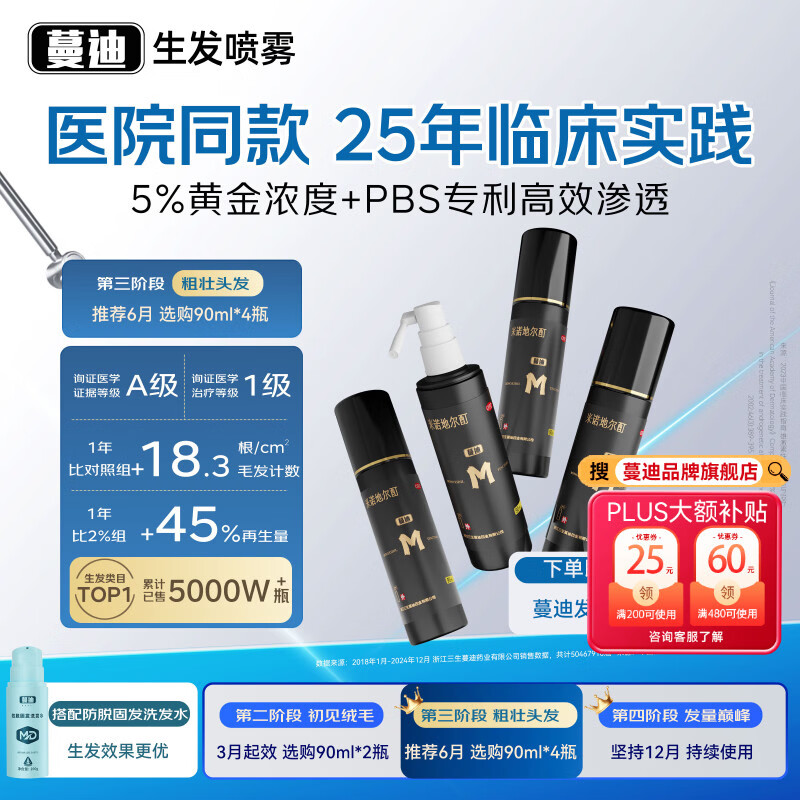 蔓迪生发喷雾90ml*4瓶【超值量贩装】5%米诺地尔酊男士专用治脱发育发斑秃原液搽剂曼迪京东自营米洛