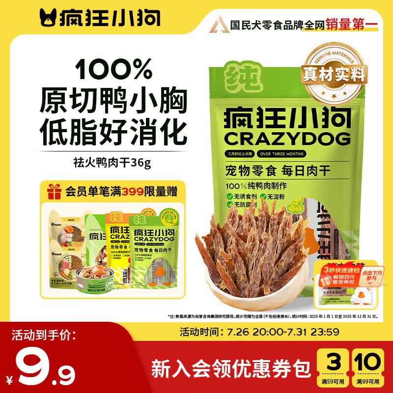 疯狂小狗宠物狗狗零食肉干0添加磨牙训练通用  祛火鸭肉干36g