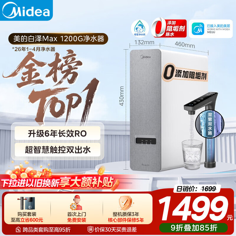 美的（Midea）净水器【金榜TOP1 白泽Max 1200G】0阻垢剂 6年长效RO反渗透 家用厨房专用台下用直饮过滤净水机
