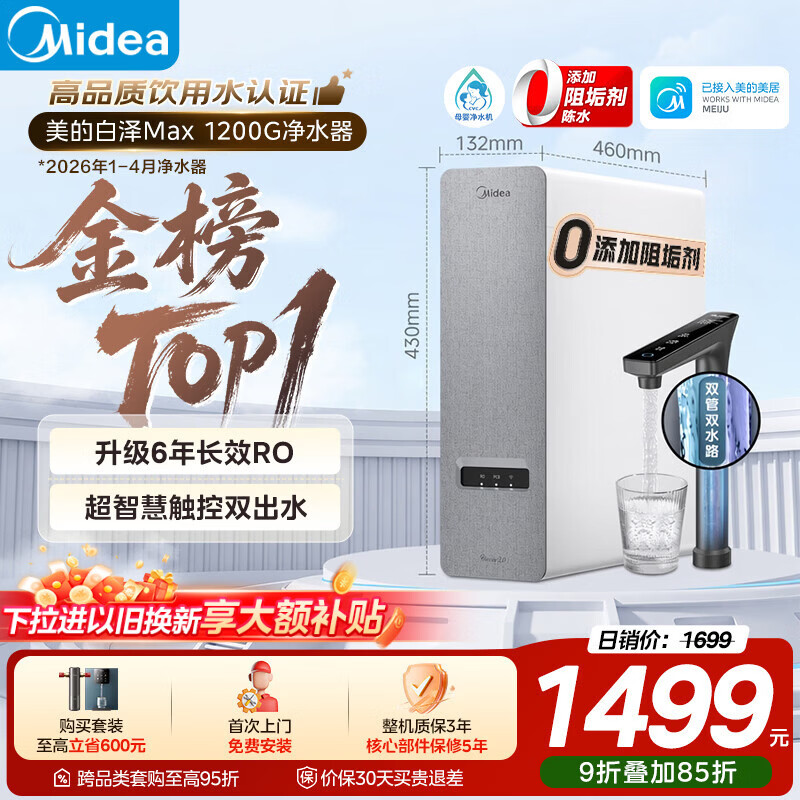 美的（Midea）净水器【金榜TOP1 白泽Max 1200G】0阻垢剂 6年长效RO反渗透 家用厨房专用台下用直饮过滤净水机