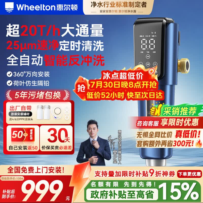 惠尔顿（WHEELTON）万向前置过滤器全自动清洗反冲洗防爆20T大流量电动刮洗全屋家用净水器自来水入户滤水器P0063PLUS
