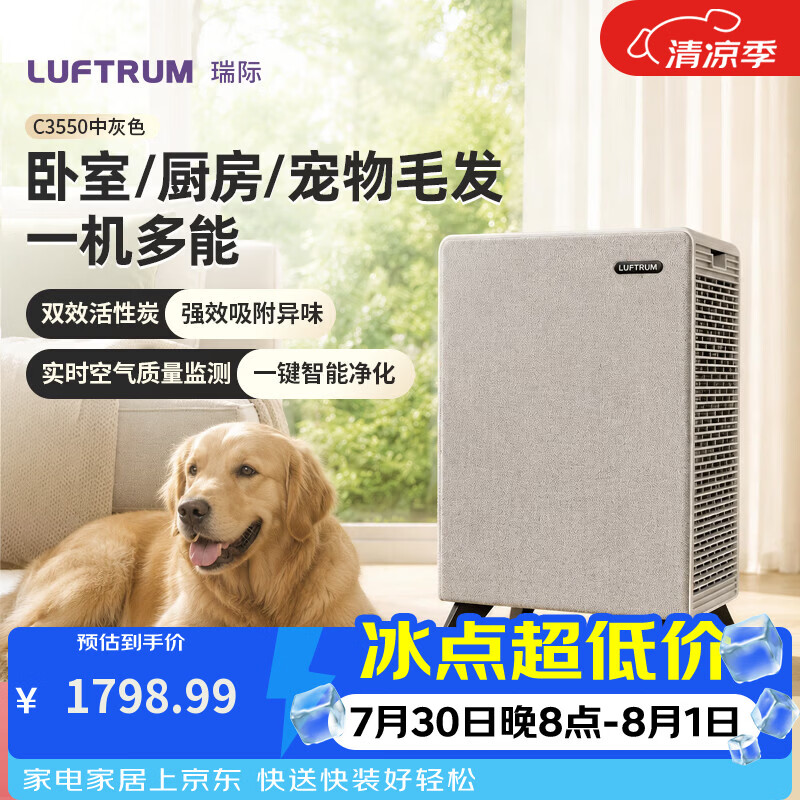 LUFTRUM瑞际空气净化器 除甲醛除霾抗菌净化去异味 家用宠物浮毛吸附 低噪音四重过滤C3550中灰色