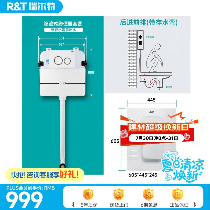 瑞尔特（R&T）蹲便器强力冲水防挂污全管道釉面蹲便器水箱加大口径防堵塞蹲便器 后进前出带弯隐藏式套组