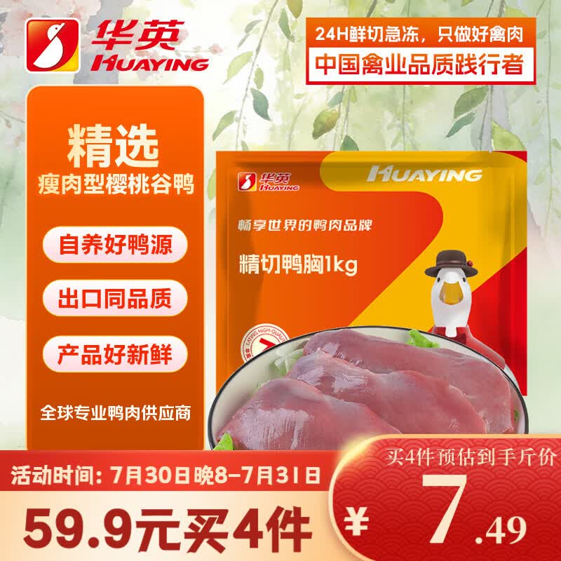 华英（HUAYING）精切去皮鸭胸肉 2斤 冷冻鸭脯肉烧烤健身食材