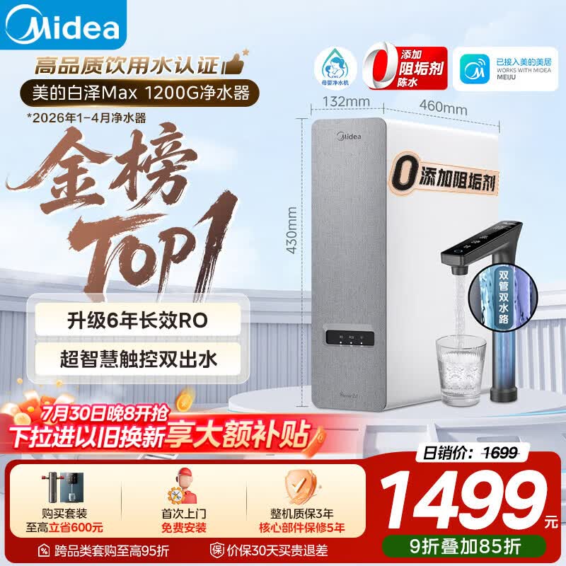 美的（Midea）净水器【金榜TOP1 白泽Max 1200G】0阻垢剂 6年长效RO反渗透 家用厨房专用台下用直饮过滤净水机