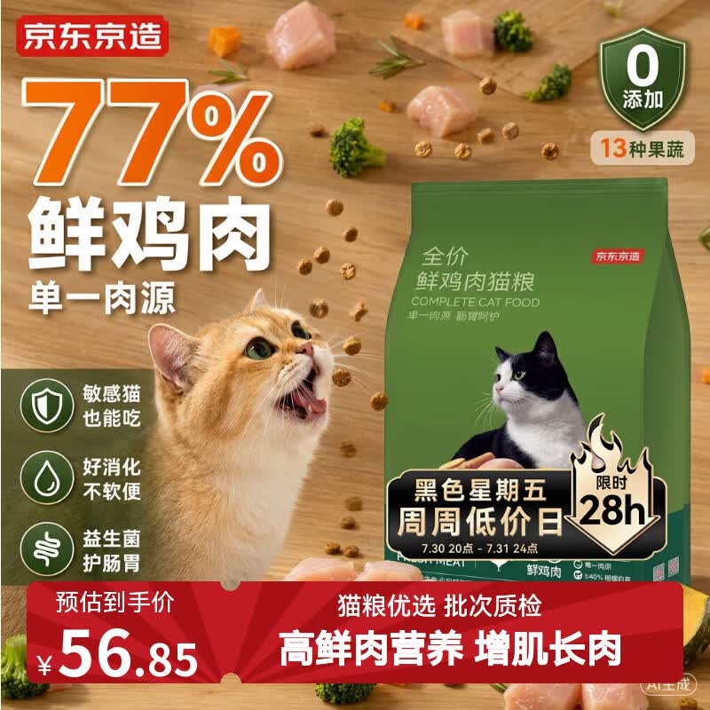 京东京造猫粮全价无谷鲜鸡肉低敏猫粮2kg单一肉源成猫幼猫通用