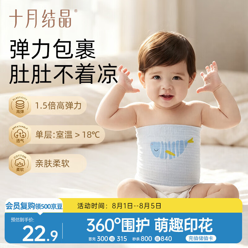 十月结晶婴儿肚围单层印花护肚护脐带棉肚围新生儿0-6月 蓝色2条17*17