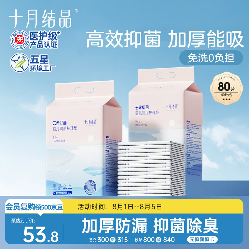 十月结晶抑菌铂金隔尿垫80片M码不可洗隔尿垫一次性婴儿尿垫护理垫姨妈垫