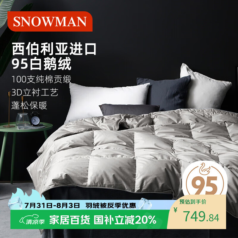 斯诺曼高档100支进口95%白鹅绒羽绒被芯空调被夏凉被子2.0*2.3m充280g灰