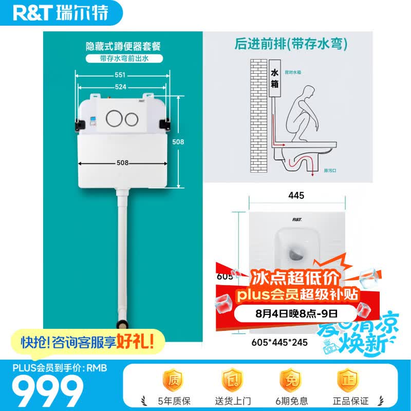 瑞尔特（R&T）蹲便器强力冲水防挂污全管道釉面蹲便器水箱加大口径防堵塞蹲便器 后进前出带弯隐藏式套组