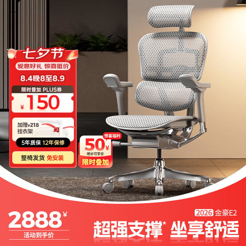 Ergonor保友金豪E2高端人体工学椅 超强支撑办公椅电脑椅游戏电竞椅子 银白色