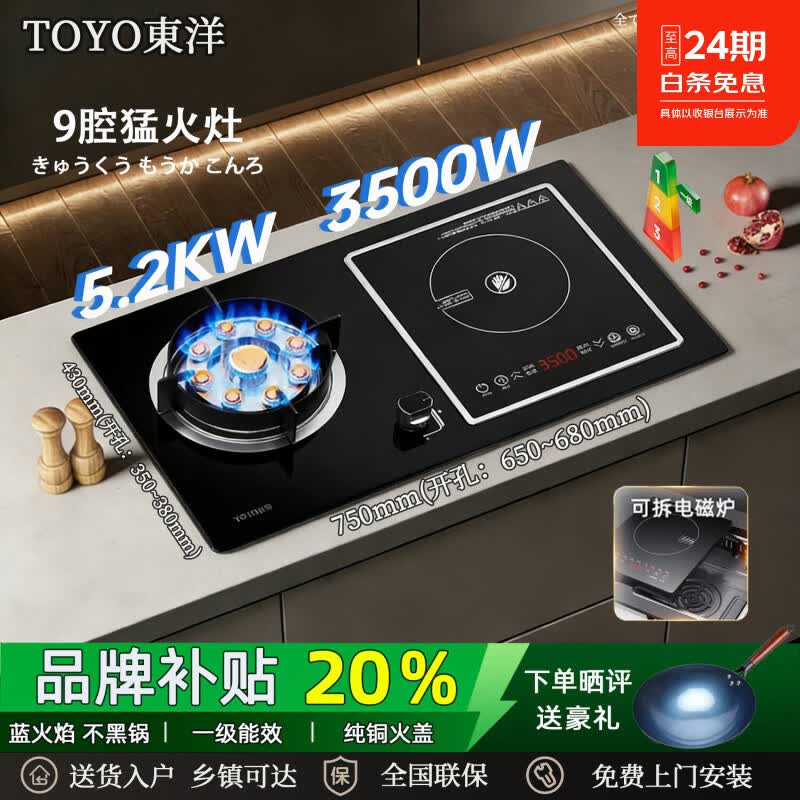 東洋日本東洋一气一电两用灶燃气灶电磁炉二合一气电两用灶燃气灶电磁炉一体台嵌两用家用猛火灶 【左气右电】9腔铜火盖灶-3500W电磁炉 液化气 京东折扣/优惠券