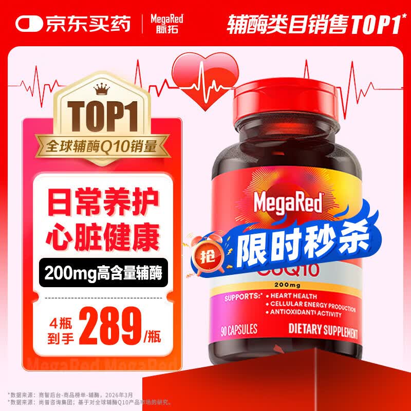 MegaRed脉拓辅酶q10胶囊 美国原装进口 高含量200mg90粒 日常养护心脏 【热销爆款】高纯度辅酶 90粒*1瓶 京东折扣/优惠券