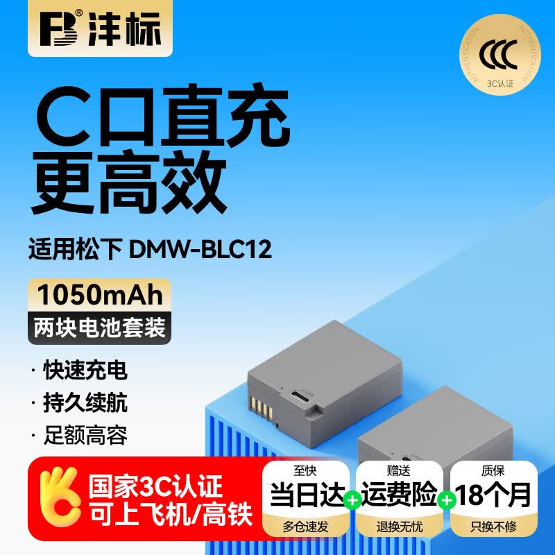 沣标(FB)DMW-BLC12松下Type-C直充相机电池GX8 G95 G85 G7 G6 G5 GH2 FZ2500 G95D通用BP-51徕卡DC12适马FP 【两块装】USB-C口直充(不含充电线)