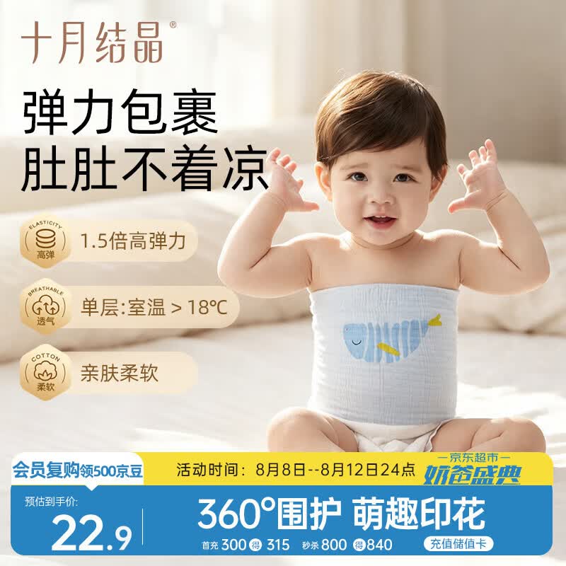十月结晶婴儿肚围单层印花护肚护脐带棉肚围新生儿0-6月 蓝色2条17*17