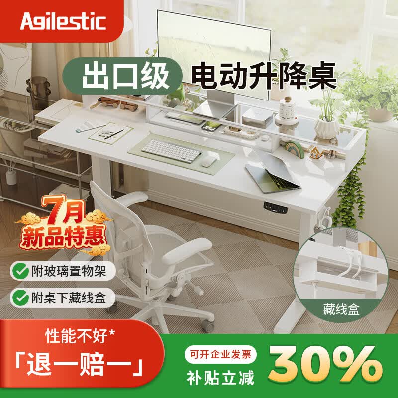 AGILESTIC（艾杰）电动升降桌电脑桌可升降书桌家用升降办公桌升降书桌学习 磨砂白色【不好包赔】 单电机玻璃增高架+藏线盒款-1.2x0.6米桌面