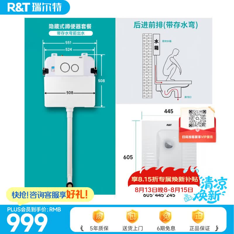 瑞尔特（R&T）蹲便器强力冲水防挂污全管道釉面蹲便器水箱加大口径防堵塞蹲便器 后进前出带弯隐藏式套组