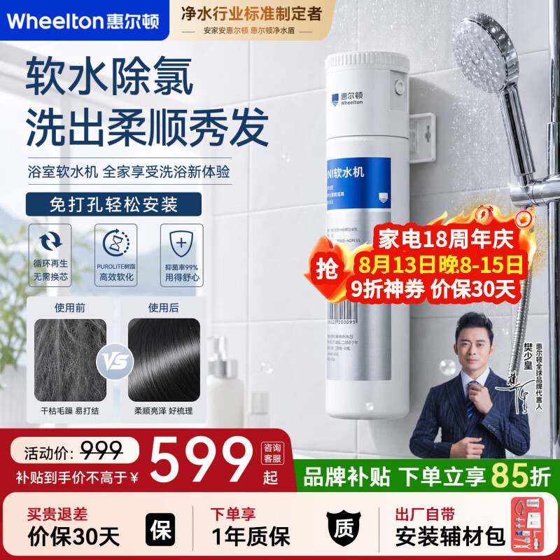 惠尔顿（WHEELTON）mini软水机小型迷你软水机树脂软水去水垢阻垢净化器除氯抑菌花洒前置过滤器家用洗脸淋浴洗衣机 mini软水机 软水除余氯