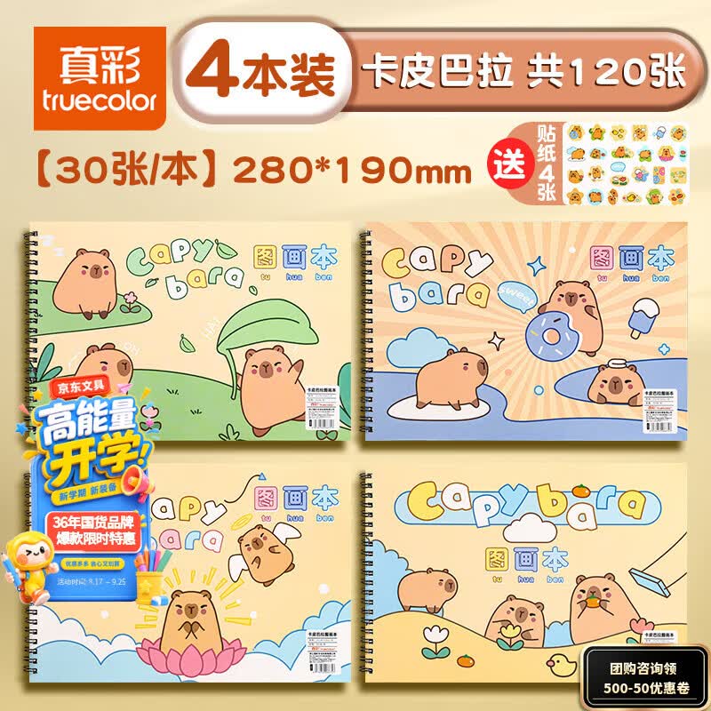 真彩（TRUECOLOR）加厚图画本绘画本儿童幼儿园小学生专用一年级美术本空白手绘涂色本不透色4本装ZCW-1090热门商品