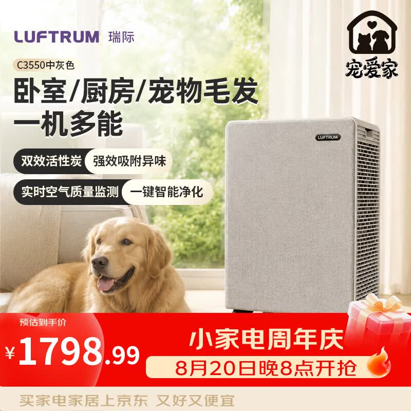 LUFTRUM瑞际空气净化器 除甲醛除霾抗菌净化去异味 家用宠物浮毛吸附 低噪音四重过滤C3550中灰色