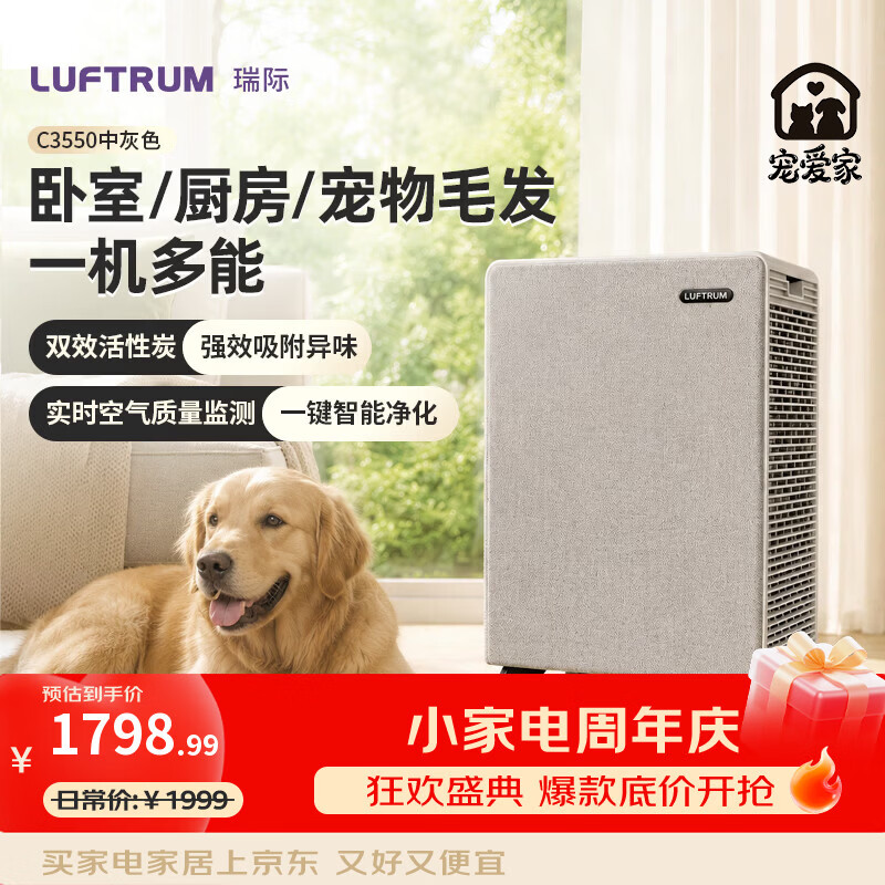 LUFTRUM瑞际空气净化器 除甲醛除霾抗菌净化去异味 家用宠物浮毛吸附 低噪音四重过滤C3550中灰色