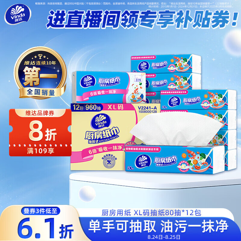 维达（Vinda）厨房用纸 厨房抽纸80抽*12包 吸油吸水懒人抹布厨房纸整箱
