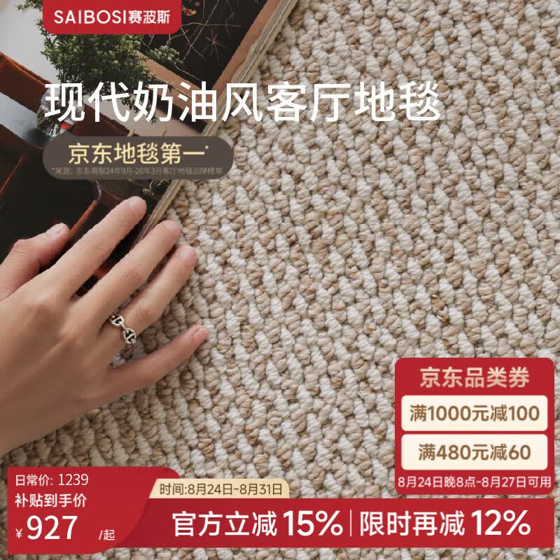 赛波斯素织羊毛地毯客厅现代奶油风百搭高级感好打理素色地垫2026新款 素织-云麦 200cm*320cm （适合2.6~3.2米沙发）