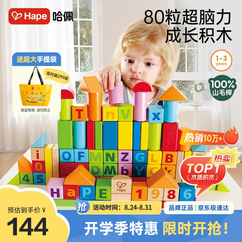 Hape(德国)进口山毛榉木质玩具80粒数字字母积木男女孩生日礼物E8022