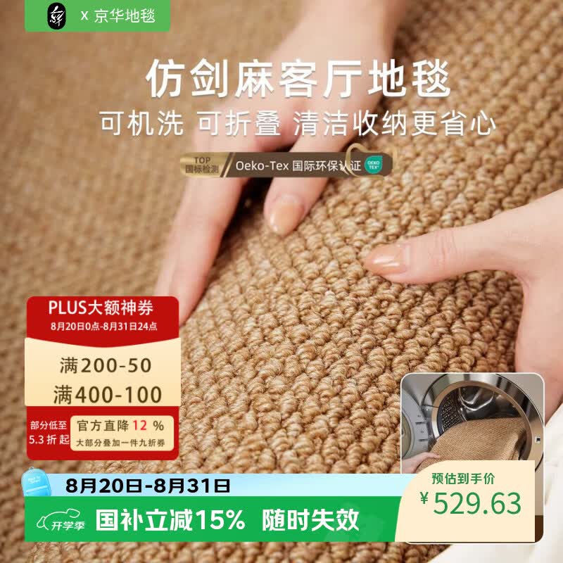 京华可机洗仿剑麻地毯客厅2026新款轻奢高级感极简风卧室家用可擦垫子 藤雾灰 200*250CM(无异味·不掉毛·0甲醛)